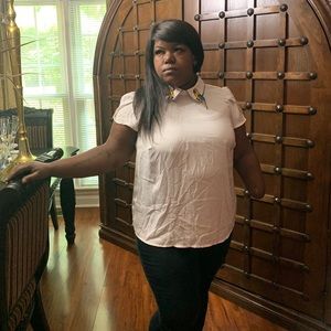 Short sleeve blouse with embroidered birds on collar with zipper on the back